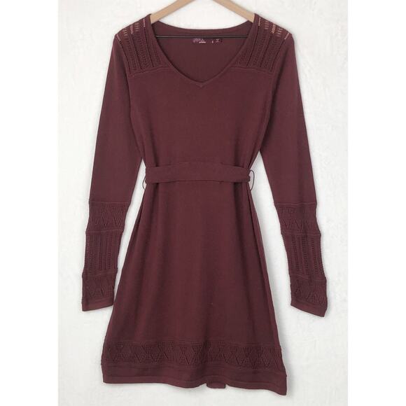 Prana Dresses & Skirts - PRANA Ella Midi Sweater Dress Sz‎ S Burgundy Crochet Tie Waist Long Sleeve Scoop